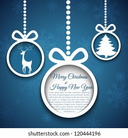 Christmas ball cut from paper on blue background. Vector eps10 illustration for your design.