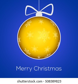 Christmas ball cut from paper with snowflakes on yellow background with Merry Christmas text. Easily editable Greeting card template for your congratulations
