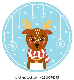 Christmas ball with cute deer character holding cup
