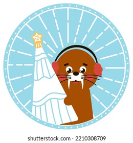 Christmas ball with cute seal character holding christmas tree