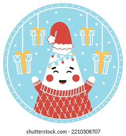Christmas ball with cute christmas tree character in cozy sweater