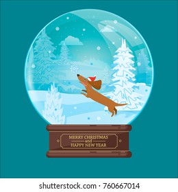 Christmas ball with a Dachshund chasing a snowflake. Winter scene. Vector