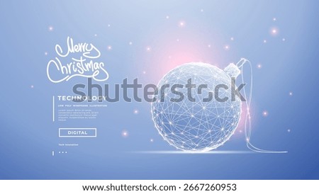 A Christmas ball for decorating Xmas tree. Technology elegant light blue background with low poly wireframe winter holiday vector illustration and pink accent bokeh. Digital New Year ball concept.