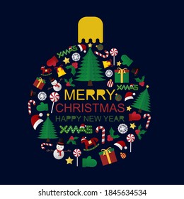 Christmas ball with decoration elements on blue background. Merry Christmas and Happy New Year theme. Christmas greeting card