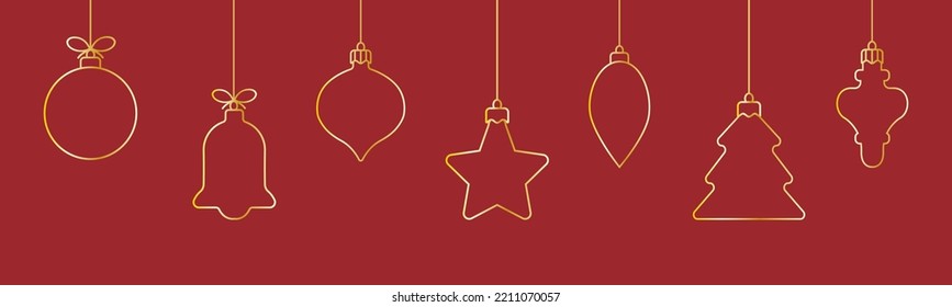 Christmas ball decoration. Christmas and New Year seamless banner or border.Hanging ball ornament.Golden christmas ball isolated on red background.