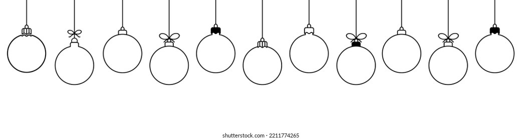 Weihnachtsballdekoration. Weihnachten und Neujahr nahtlose Banner oder Banner.Hanging Ball Ornament.Schwarze Weihnachtsbälle einzeln auf weißem Hintergrund.