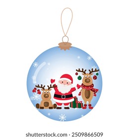 Christmas ball decoration Santa Claus and reindeers best friends with gifts around