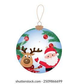 Christmas ball decoration Santa Claus and reindeer best friends with tree around