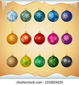 Christmas ball decorations set. Christmas realistic glass balls with snowflake ornament in different colors. Balls with matte surface collected in a large vector set for winter decoration.