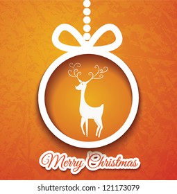 Christmas ball and deer cutted from paper on blue background. Vector eps10 illustration for your design.