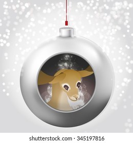 Christmas Ball with deer and magic glow inside on the snowy backdrop. A beautiful modern design that fits perfectly with Christmas cards and Christmas campaigns, print and web products.
