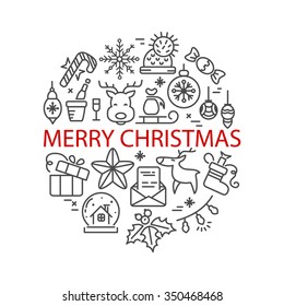 Christmas ball design with line icons. Winter holiday decorative elements for your design. Vector concept.