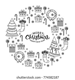 Christmas ball design with thin line icons. Color book page. Vector illustration. One color print
