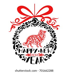 Christmas ball with dog silhouette zodiac symbol. Happy new year 2018 text. Christmas Design for posters, print and greeting cards.Collie