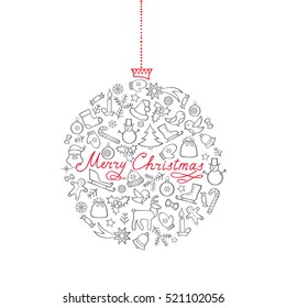 Christmas Ball done from icons background. Doodle Winter holiday greeting card design elements. Merry Christmas and Happy New Year decor.