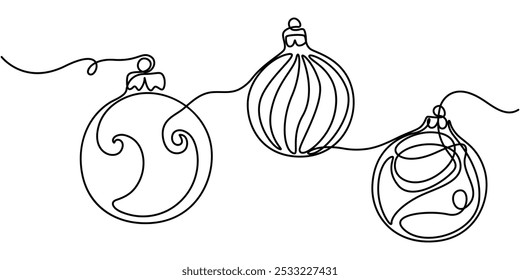 Weihnachtskugel doodle, Kontinuierliche einzeilige Zeichnung Symbol der Weihnachtsdekoration Kugel Glocke, Stern mit Band in Vektorskizze, Kontinuierliche einzeilige Zeichnung Weihnachtskugel. Weihnachtsbaum