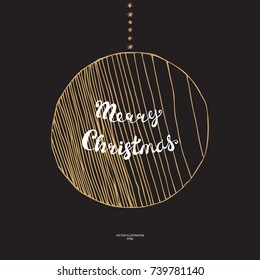 Christmas ball doodle greeting card. New Year logo for badge or label. Sketched holiday background. Hand drawn vector illustration
