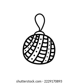 Christmas ball doodle isolated. Christmas tree decoration element, christmas ball with stripes and polka dots. Black lines on white background. Cute hand drawn vector illustration.