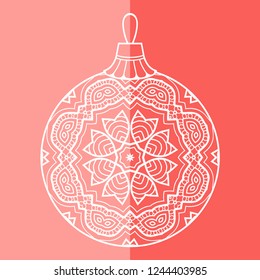 Christmas ball with doodle mandala ornament,  white lines lace pattern. Happy New Year card or invitation template. Decorative geometric floral isolated element for textile or paper print