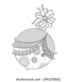 Christmas ball with a doodle pattern and a lush bow on a white background. Monochrome contour drawing. Decorative element for the design. Coloring book for children and adults.