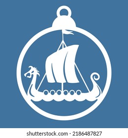 Christmas Ball With Drakkar, Scandinavian Viking Warship. Hanging Decoration Template For Yule Celebration, New Year Party Invitations. Suitable For Laser, Plotter Cutting Or Printing.