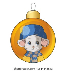 Christmas ball with drawing cartoon mouse (rat) wearing a coat, blue knitted scarf and hat. Isolated objects on white background. Decor element for gift card, kids products. Vector illustration.