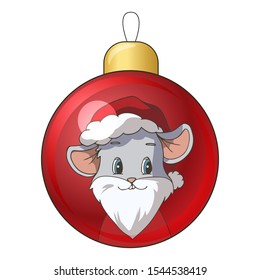 Christmas ball with drawing cartoon mouse (rat) wearing Santa Claus costume. Isolated objects on white background. Decor element for gift card, kids products. Vector illustration.