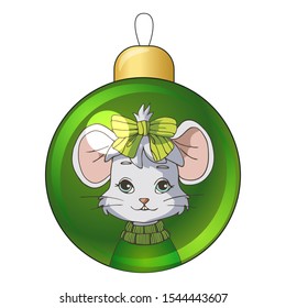 Christmas ball with drawing cute cartoon mouse wearing a green sweater. Isolated object on white background. Decor elements for gift card, kids products. Vector illustration.