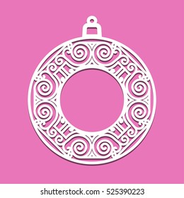 Christmas ball with drawing. Template for laser cutting of paper. Celebratory background. Vector illustration.