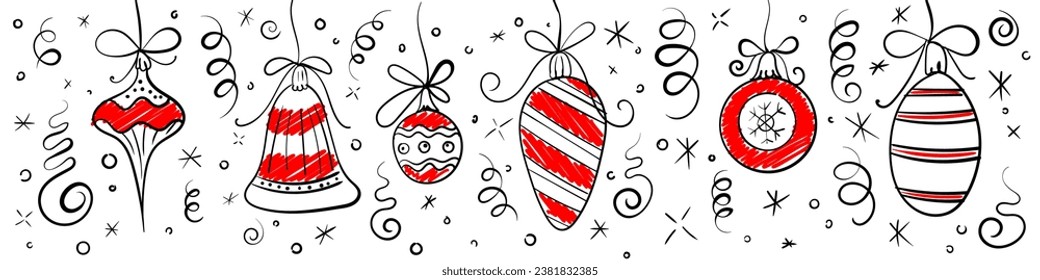 fondo del elemento de bola de Navidad. Estilo dibujado a mano de la pelota de Navidad. Baudible navideño para borde, diseño de fondo, pancarta. Ilustración del vector