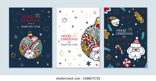 Christmas ball with elements of the winter holidays: Santa, snowman, spruce branch, snowflakes. Traditional Christmas colors: red, white, gold glitter. Holiday cards on dark blue and white backgrounds
