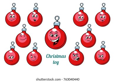 Christmas ball emotions emoticons set isolated on white background. Comic book cartoon pop art illustration retro vector