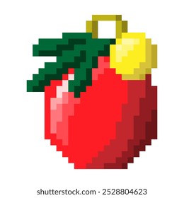 Christmas ball with fir branch isolated on transparent background. Xmas icon. Vector pixel art illustration of New Year