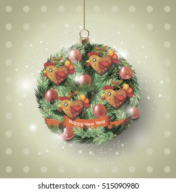 Christmas ball of fir branches decorated with rooster. Vector illustration of rooster, symbol of 2017. Silhouette of cock, decorated patterns. Vector element for New Year's design. 