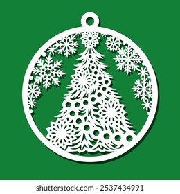 Christmas ball with fir tree, snowflakes, stars. Round hanging holiday decoration. Cute template for plotter laser cutting of paper, fretwork, wood carving, metal engraving, cnc. Vector illustration.