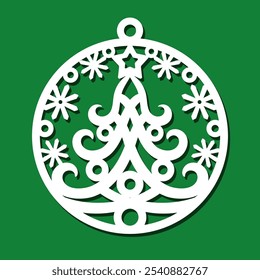 Christmas ball with fir tree, snowflakes, stars. Round hanging holiday decoration. Cute template for plotter laser cutting of paper, fretwork, wood carving, metal engraving, cnc. Vector illustration.