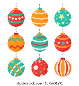 Christmas ball flat design ornaments isolated on white background vector illustration.