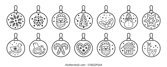 Christmas ball flat line cartoon set. Black linear round balls. Sign New year, icons collection bird, holly, house, deer and candy, snowflakes, sock, Christmas tree, bell. Isolated vector illustration