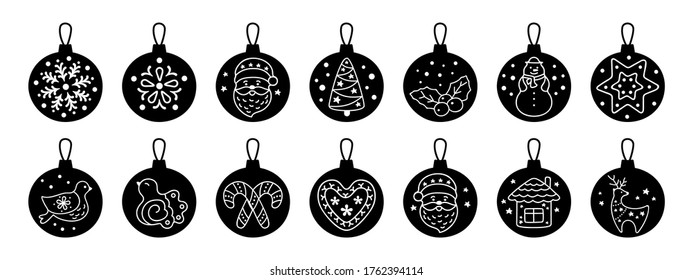 Christmas ball flat silhouette cartoon set. Black glyph round balls. Sign New year, icons collection bird, holly, house, deer and candy, snowflakes, sock, Christmas tree. Isolated vector illustration