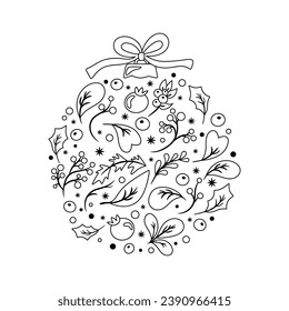 Christmas ball with floral elements in black and white. Design for greeting cards, coloring book, invitation.
