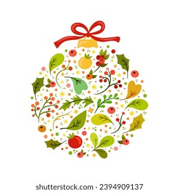 Christmas ball with floral elements. Design for greeting cards, invitation.