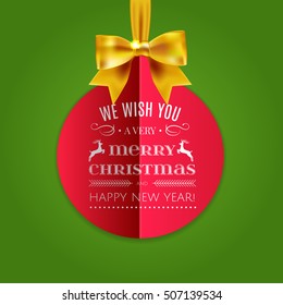 Christmas ball in the form of red paper frame for your text. Abstract red Christmas ball cutted from paper on green background. Creative happy new year design. Vector illustration. EPS 10