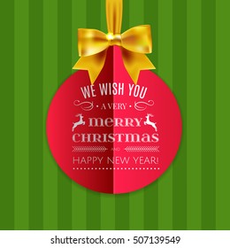 Christmas ball in the form of red paper frame for your text. Abstract red Christmas ball cutted from paper on green striped background. Creative happy new year design. Vector illustration. EPS 10