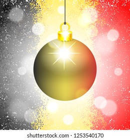 Christmas ball in front of festive background with snowflakes. New Year decoration painted in the colors of Belgian flag. Conceptual vector illustration for holidays greeting cards