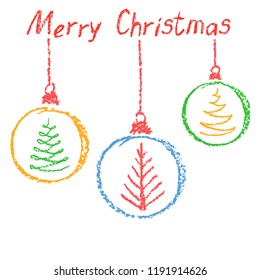 Christmas ball funny copy space with text and tree on white. Crayon pastel chalk round design elements. Like kids hand drawing holiday frame, banner, vector background.