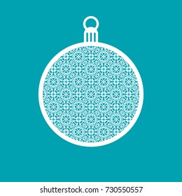 Christmas ball with geometric pattern. Laser Cutting template for greeting cards, envelopes, invitations, interior elements. Vector xmas paper cutting ornamental panel. Die cut card.