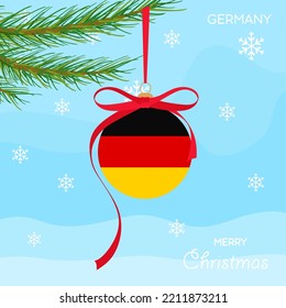 Christmas ball with the Germany flag, decorates the Christmas tree branch. Illustration of a Christmas ball with the flag of Germany in a Christmas tree branch on a beautiful winter background