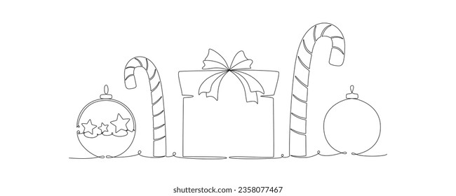 bola de Navidad, caja de regalo, caramelo puede continuar una sola línea de dibujo vectorial ilustración, aislado en segundo plano para diseño banner de vacaciones de invierno, tarjeta, invitación. Trazo editable. EPS10