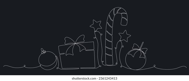 Christmas ball, gift box, candy can continues one single line hand drawing vector stock illustration, isolated on background for design winter holiday banner, card, invitation. Editable stroke. EPS10