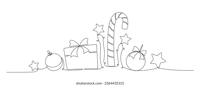 bola de Navidad, caja de regalo, caramelo puede continuar una sola línea de dibujo vectorial ilustración, aislado en segundo plano para diseño banner de vacaciones de invierno, tarjeta, invitación. Trazo editable. EPS10